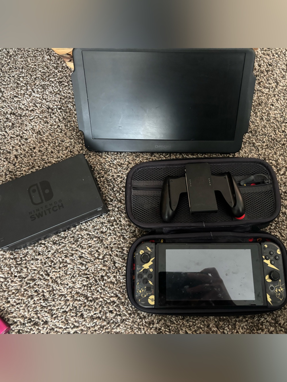 Nintendo Switch OLED with Black and Yellow Pikachu Accent Case & Accessories